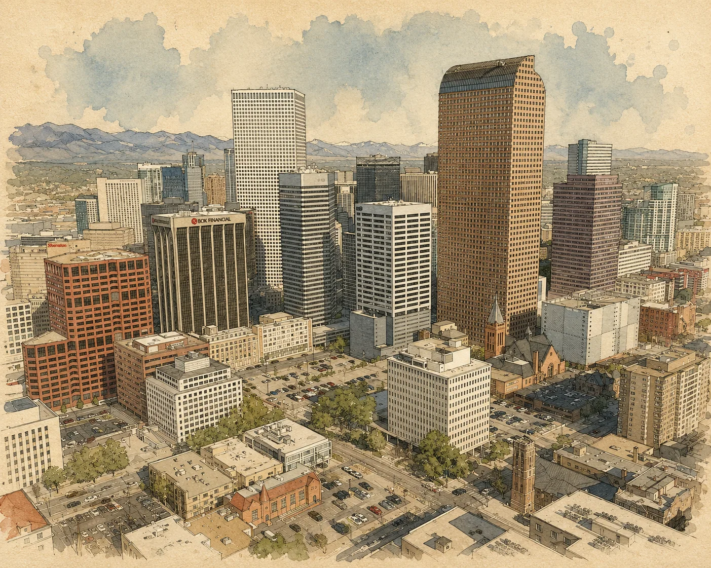 Illustrated skyline of Denver with the Rocky Mountains behind the city