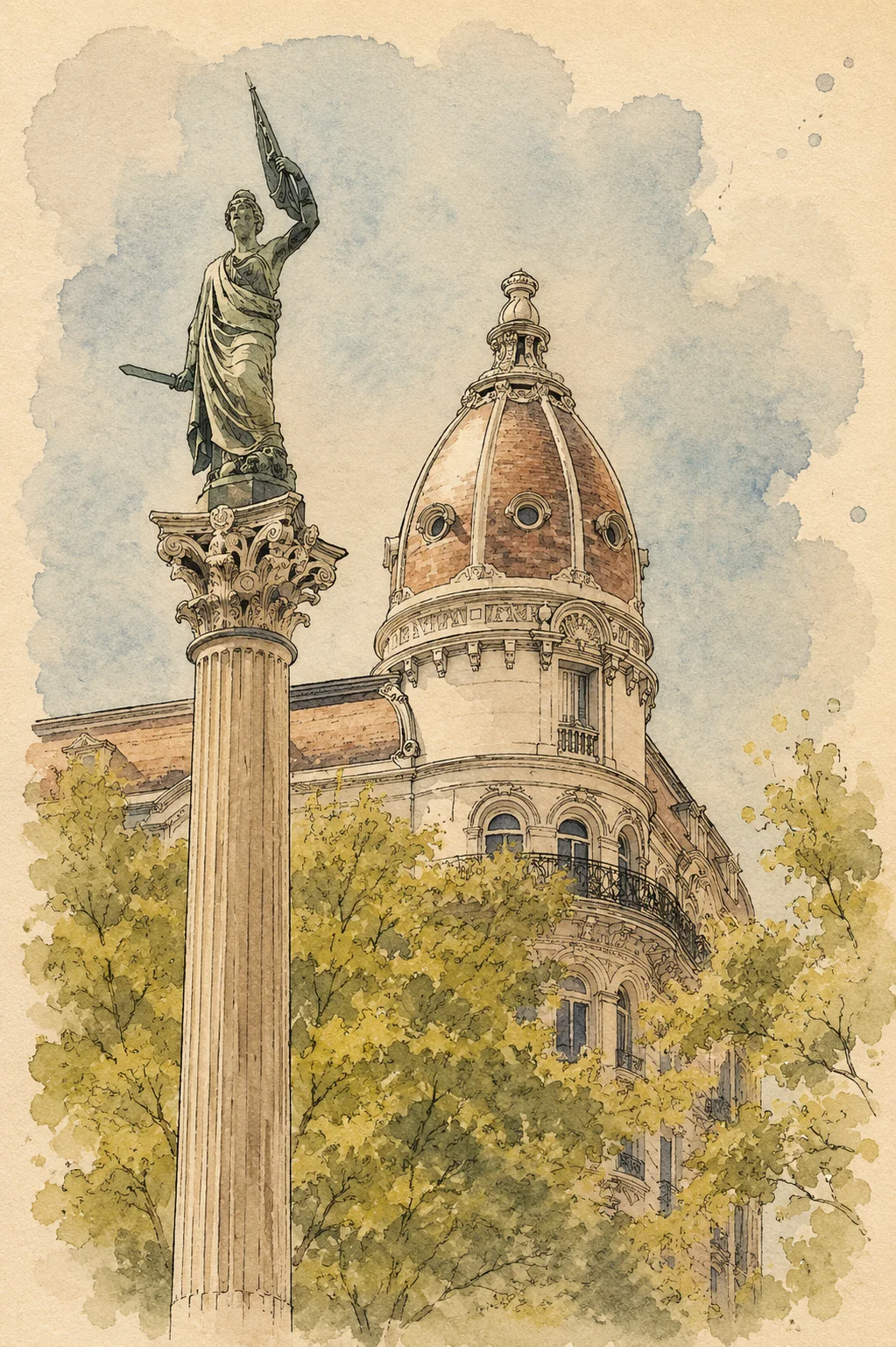 Illustrated evening view of Montevideo with palm trees and the Palacio Salvo