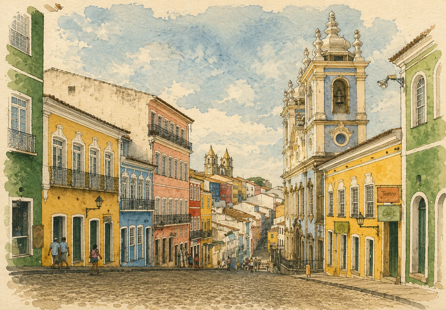 Illustrated old-town street view of Salvador at dusk